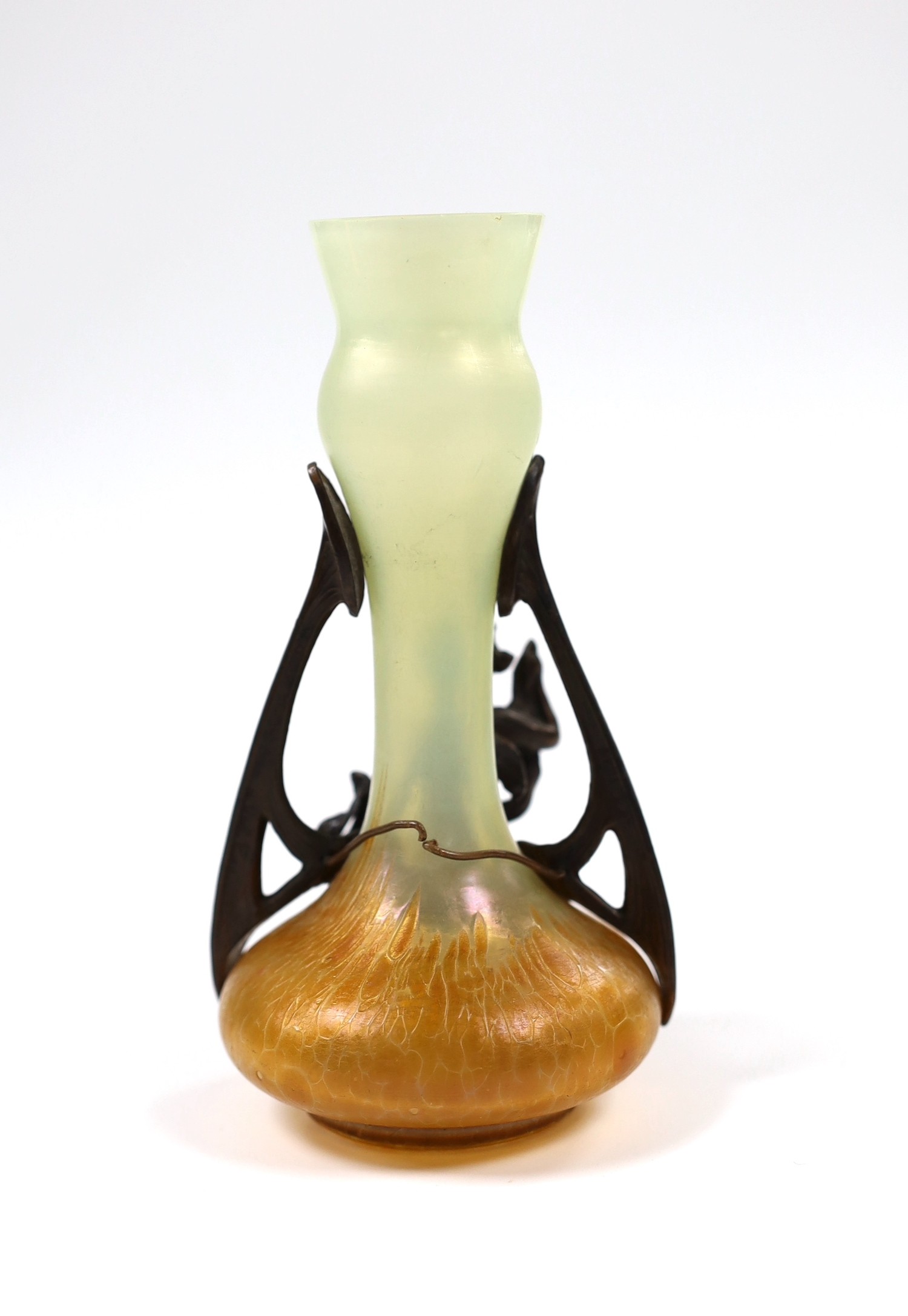 A small Art Nouveau glass vase with bronze mount and seated cherub, 16cm tall
